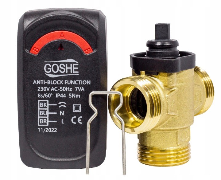 Trojcestný zónový ventil Goshe DN25 s pohonom 230 V, Kvs 8 m³/h