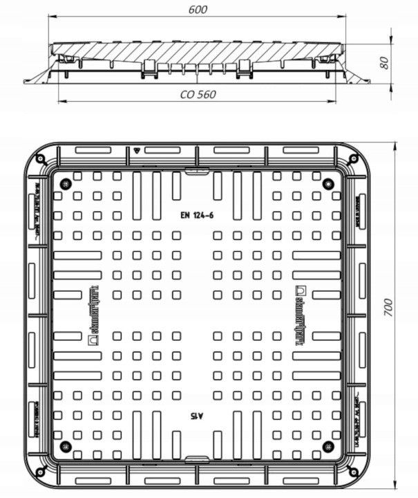 Štvorcový revízny poklop VODALAND 35487-20, čierny PP, 700 × 700 mm, A15