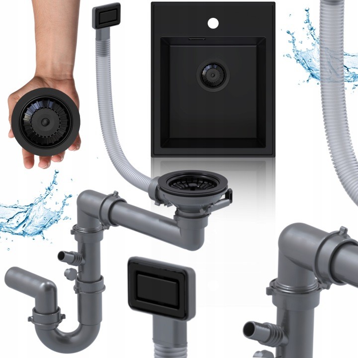 Drezový sifón Sink Quality 01840-1, čierny matný, manuálny s obdĺžnikovým prepadom
