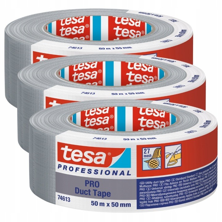 Tesa PRO Duct Tape strieborná opravná páska 50 m × 50 mm, 3 ks