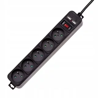 Predlžovací kábel - Akyga predlžovací kábel Black 5 hniezd 2xUSB 1,8m