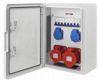 Originálny elektrický rozvádzač, zabezpečený, značky ADELID, s napájacími zásuvkami: 32 A, 16 A a