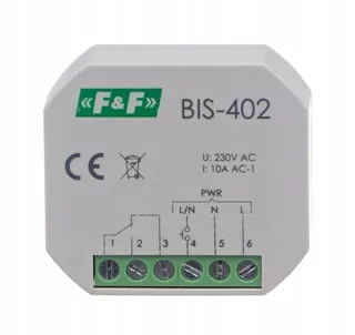 Bistabilné relé zap/vyp, Un=230 V, I=10 A, kontakt 1Z, montáž do skrinky ⌀60, BIS-402, F&F