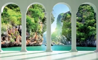Fototapeta - Nástenný výjav vodopád pohľad z okna na terasu 3D 254 × 184