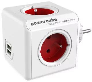 Napájací kábel 4-zásuvkový s dvoma USB portami v červenej farbe