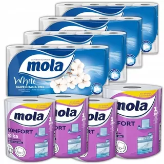 4× Mola toaletný papier neparfumovaný 8 ks + 4× Mola Komfort celulózová papierová utierka, biela, 300 listov