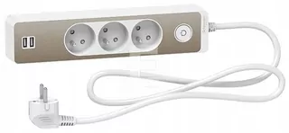 Odace Predlžovací kábel 3 zásuvky s konektorom 2x USB 1,5m biela + brúsená hnedá ST933U1WB