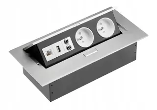 Stolný predlžovací kábel 220 × 107mm 2x zásuvka s uzemnením USB in/out (miniJack) RJ45 hliník