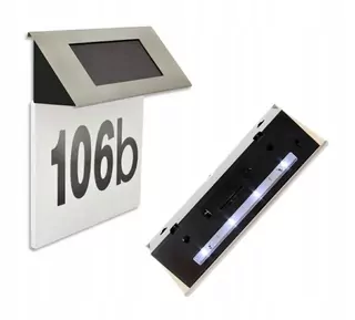 LED podsvietená tabuľka s číslom domu napájaná solárnym fotovoltaickým panelom.