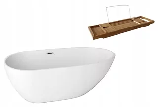 Voľne stojaca akrylátová vaňa The North Bath Stredový odtok Loki 130 x 70 cm + drevená vaňa SCANDI 75 x 23 cm
