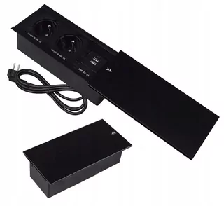 Dvojitá zásuvka, s 2x USB, na nabíjanie, s posuvným krytom, čierna s káblom